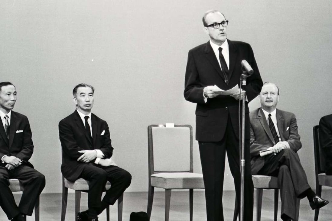Governor Sir David Trench speaking at the opening ceremony of HK-TVB. Sitting behind are the management of Hong Kong Television Broadcasts Limited, (from left) Run Run Shaw, Harold Lee Hsiao-wo, J. D. Clague and P. Y. Tang. Picture: SCMP