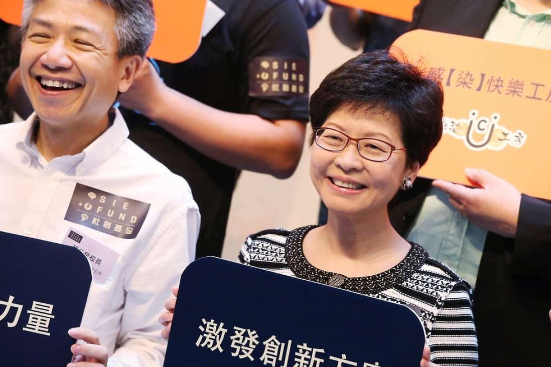 The chairman of the SIE Fund task force, Professor Stephen Cheung Yan-leung, and Chief Secretary Carrie Lam Cheng Yuet-ngor at a launch event for innovative ventures in May. Photo: K. Y. Cheng