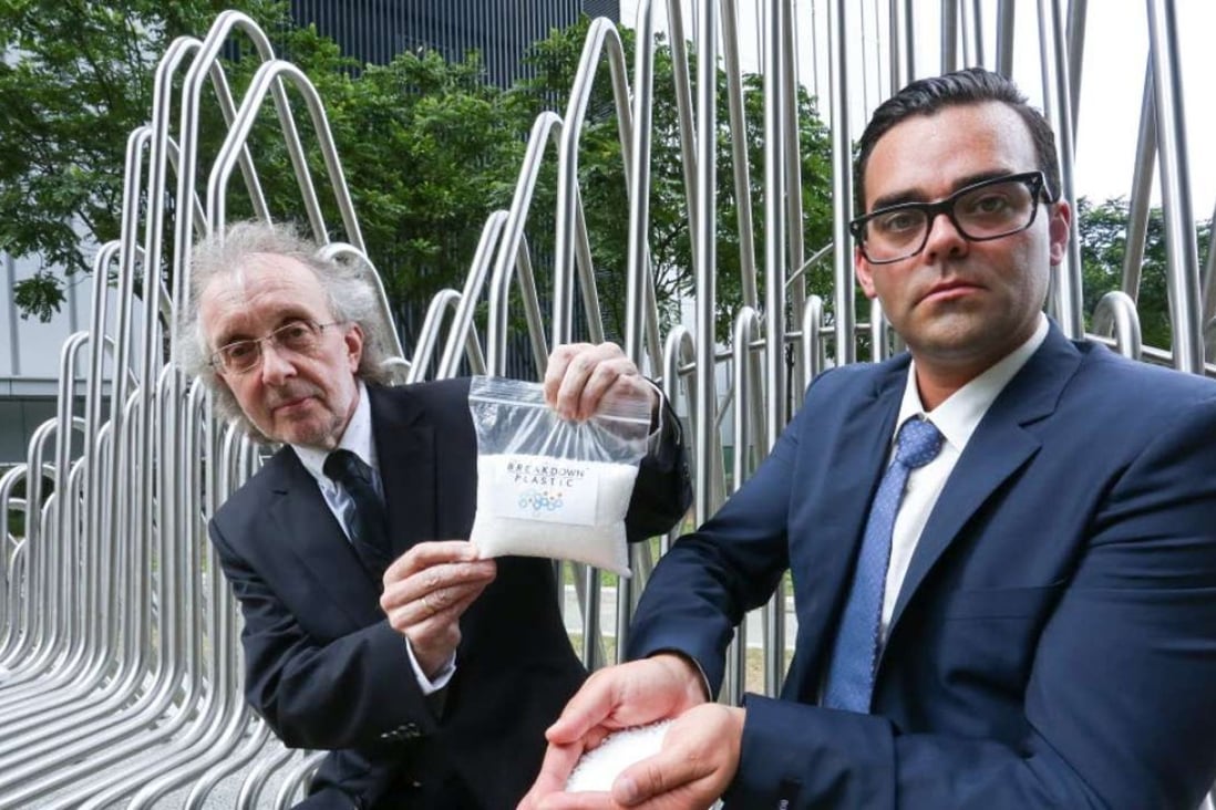 Peter Hurst (left) and Ryan Jesse, founders of Breakdown Plastic, claim the additive could help tackle the problem of decreasing space in the city’s landfills. Photo: Jonathan Wong