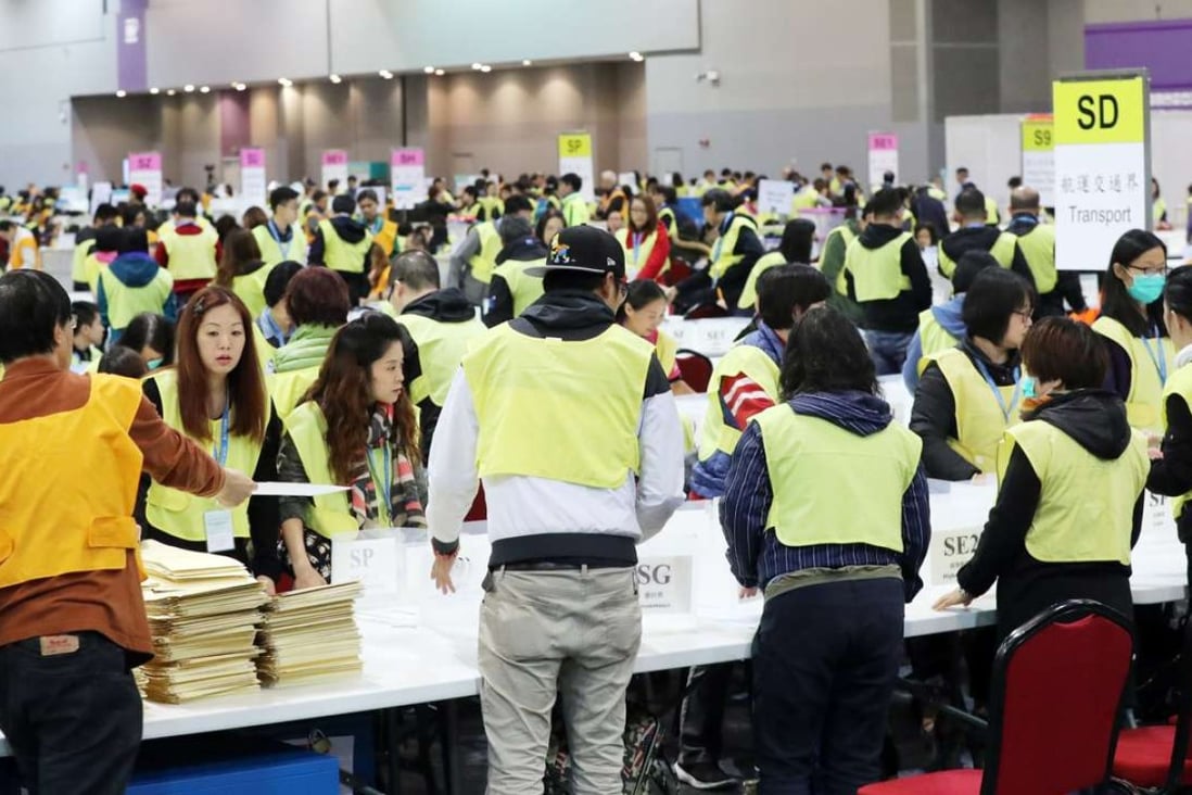 Vote counting at AsiaWorld-Expo on Lantau Island. Photo: Edward Wong