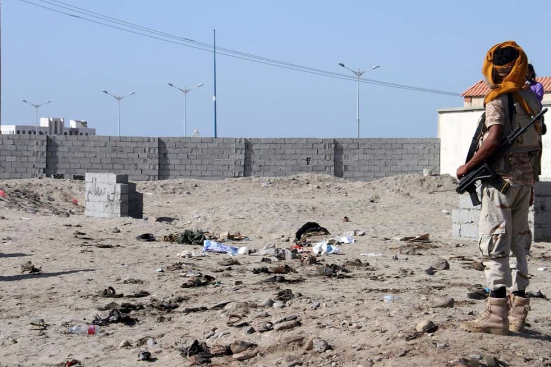 A Yemen soldier at the site of the bombing at al-Sawlaba base in Aden's al-Arish district. Photo: AFP