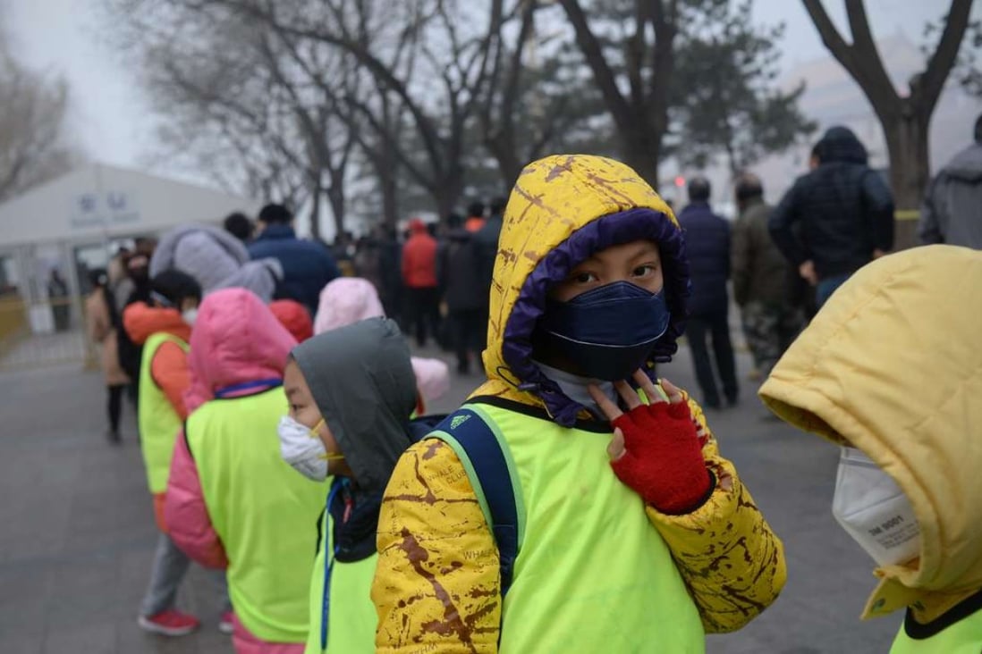 Children wearing face masks in heavy smog in Beijing on Wednesday. Photo: AFP