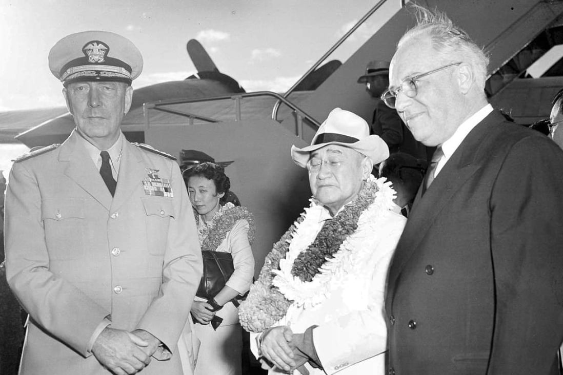An August, 1951 photo of Japanese prime minister Shigeru Yoshida, Arthur Radford and Joseph Farrington, a delegate of the US Congress for the Territory of Hawaii. Yoshida’s daughter Kazuko can be seen in the background. Photo: AP