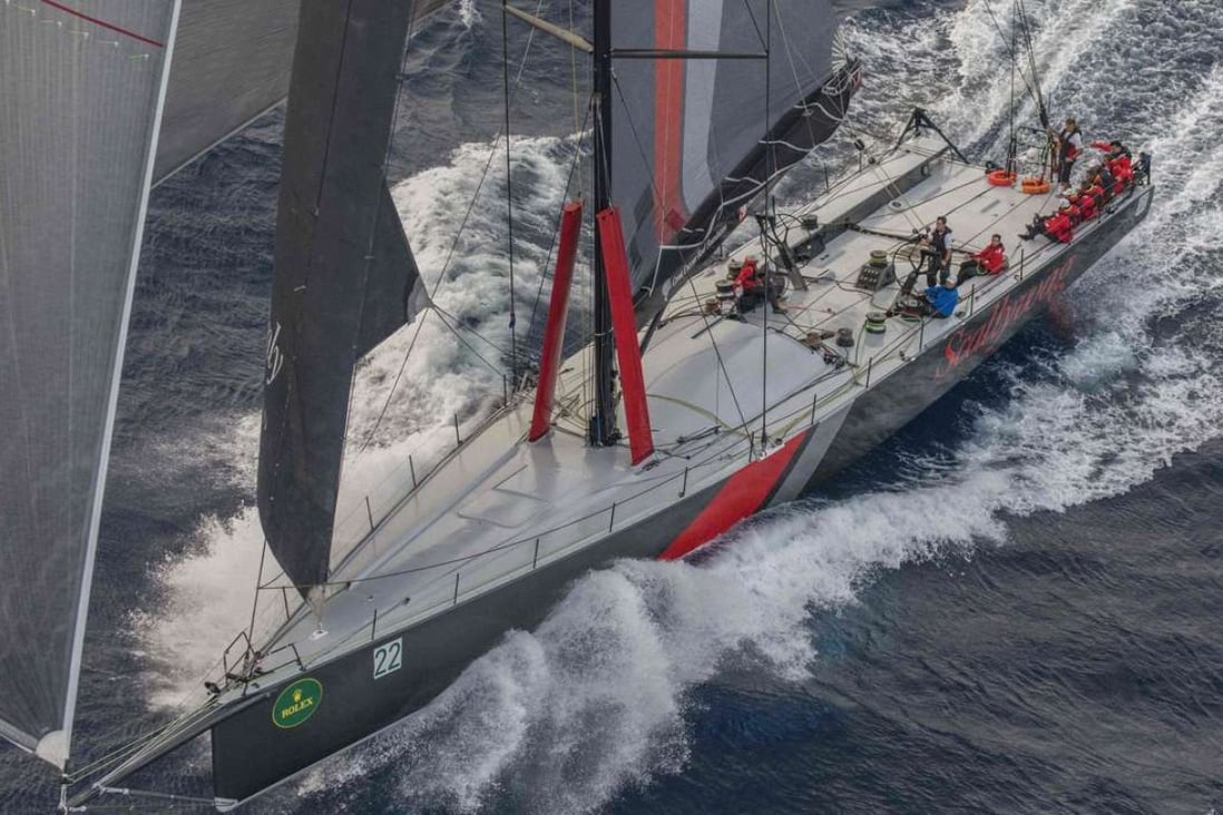 An aerial shot captures the Hong Kong-based supermaxi Scallywag as it competes in the Sydney to Hobart race. Photos: AFP