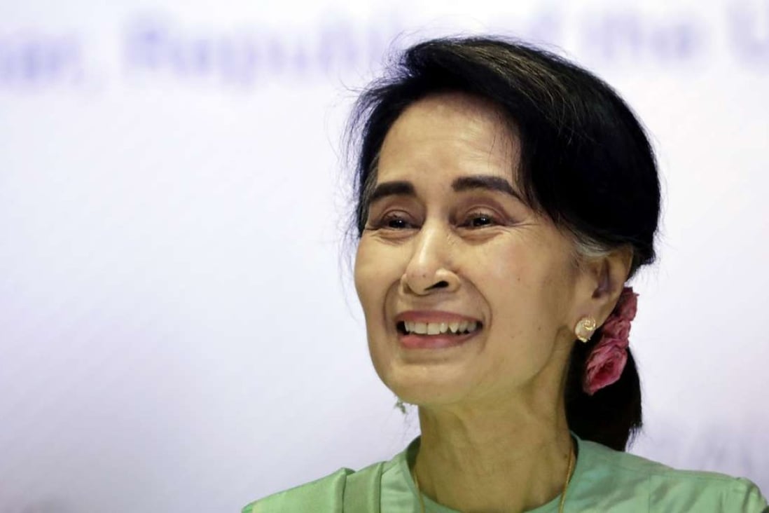 Myanmar’s Foreign Minister Aung San Suu Kyi speaking at an event in Singapore on December 29, 2016. Photo: AP