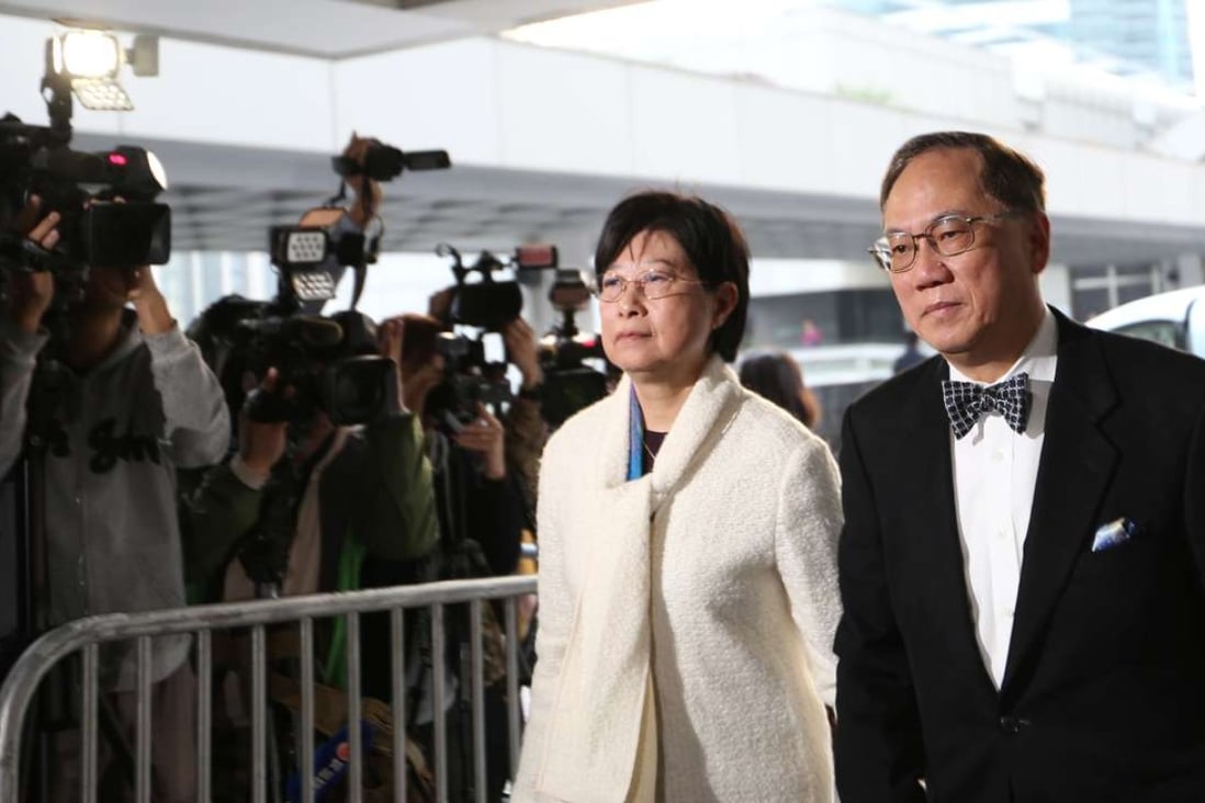 Former Hong Kong chief executive Donald Tsang (right) accompanied by his wife Selina Tsang outside the High Court on Tuesday. Photo: Xiaomei Chen