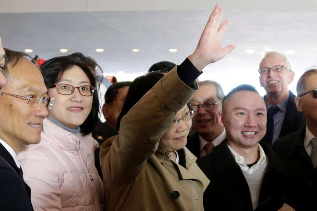 Taiwanese President Tsai Ing-wen (centre) waves to supporters as she arrives at her hotel in Houston during a stopover on her way to Central America. Photo: Reuters