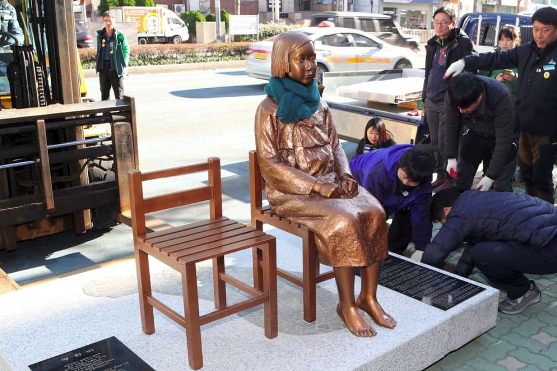 A statue of a teenage girl symbolising the ‘comfort women’ who served as sex slaves for Japanese soldiers during the second world war outside the Japanese consulate in Busan. Photo: AFP