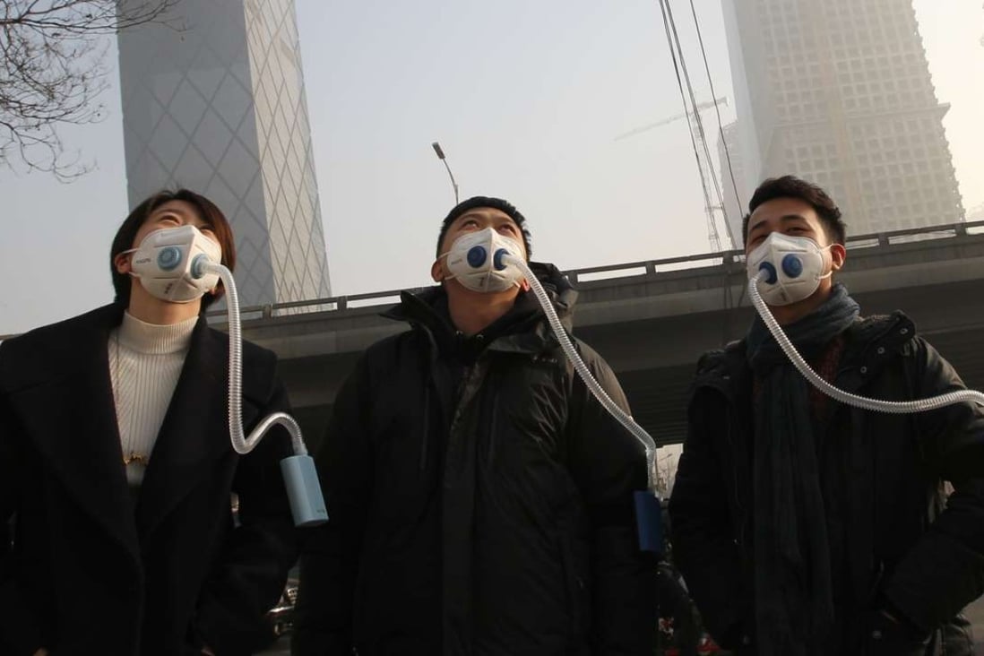 People wear ‘portable clean-air system’ masks in Beijing’s central business district on January 3. Photo: Simon Song