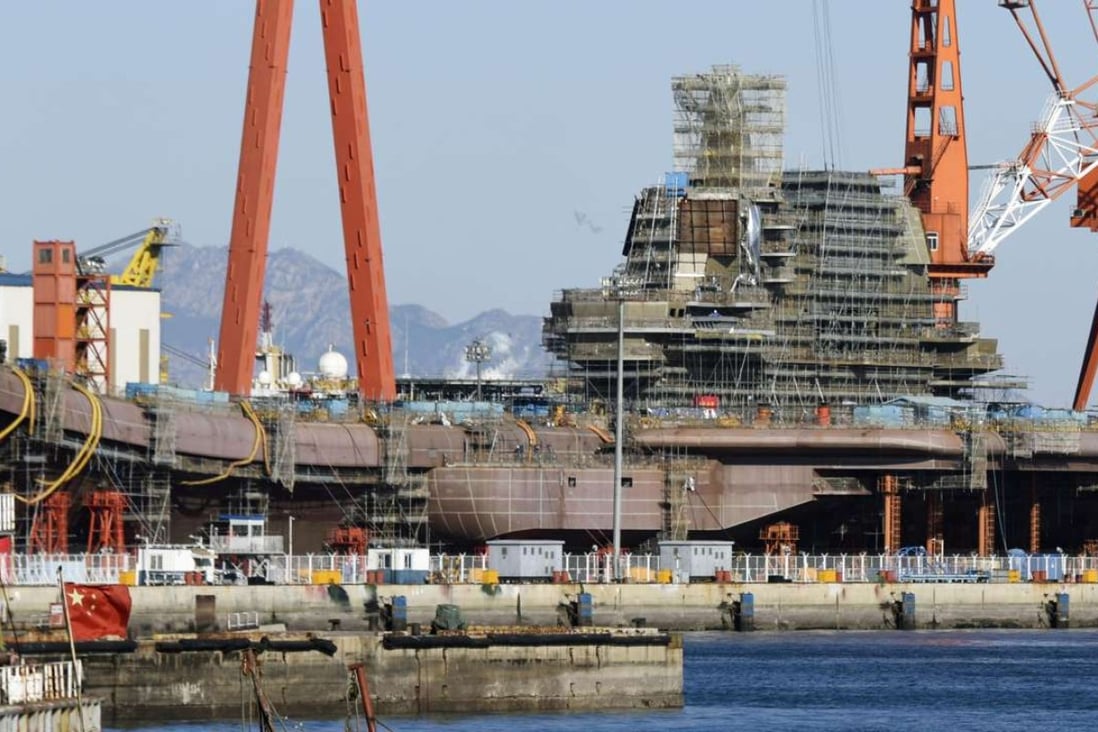 Mainland China's first domestically made aircraft carrier, the Shandong, pictured during construction in Dalian in December 2016. Photo: Kyodo