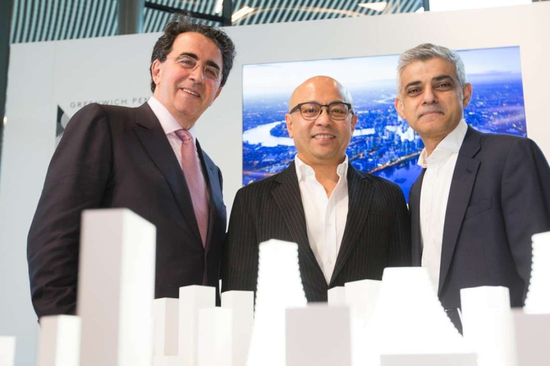 Peninsula Place architect Santiago Calatrava (from left), Knight Dragon vice-chairman Sammy Lee and London mayor Sadiq Khan stand in front of the model of the Greenwich Peninsula redevelopment project. Photo: Handout