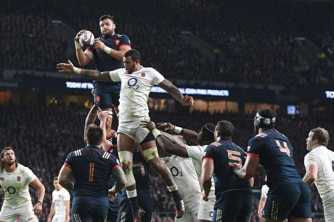 England’s Courtney Lawes jumps in the line out during the Six Nations win over France at Twickenham. Photo: EPA