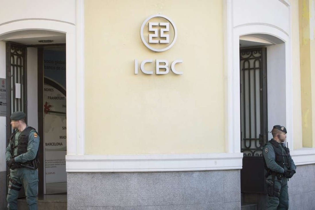 Security officers stand guard outside a branch of ICBC in Madrid, Spain. The mainland Chinese bank’s brand value grew 32 per cent year on year to US$47.8 billion. Photo: EPA