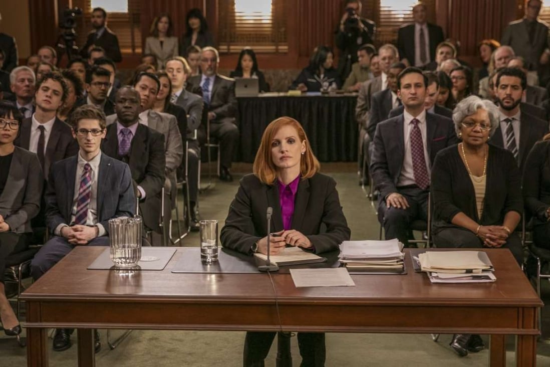 Jessica Chastain in a scene from Miss Sloane, the fictional story of a woman lobbyist in Washington.
