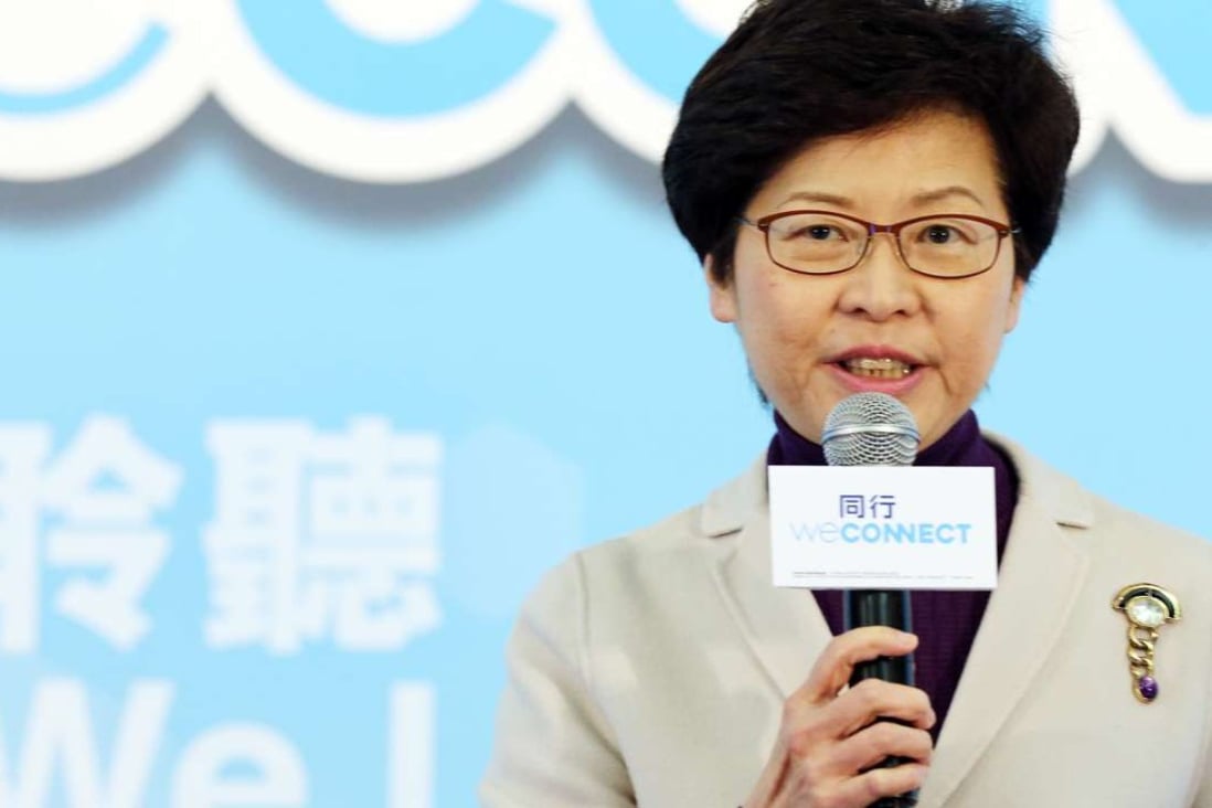 Candidate Carrie Lam fronts media to announce her "WeConnect: Manifesto Step 2" at the Tsim Sha Tsui District Kaifong Welfare Association, focusing on economic development, housing and education. Photo: Felix Wong