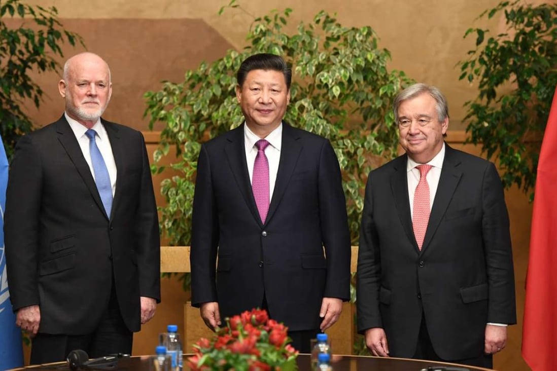 President Xi Jinping with new UN Secretary General Antonio Guterres (right) and Peter Thomson of Fiji, president of the 71st session of the UN General Assembly, in Geneva on January 18. Photo: Xinhua
