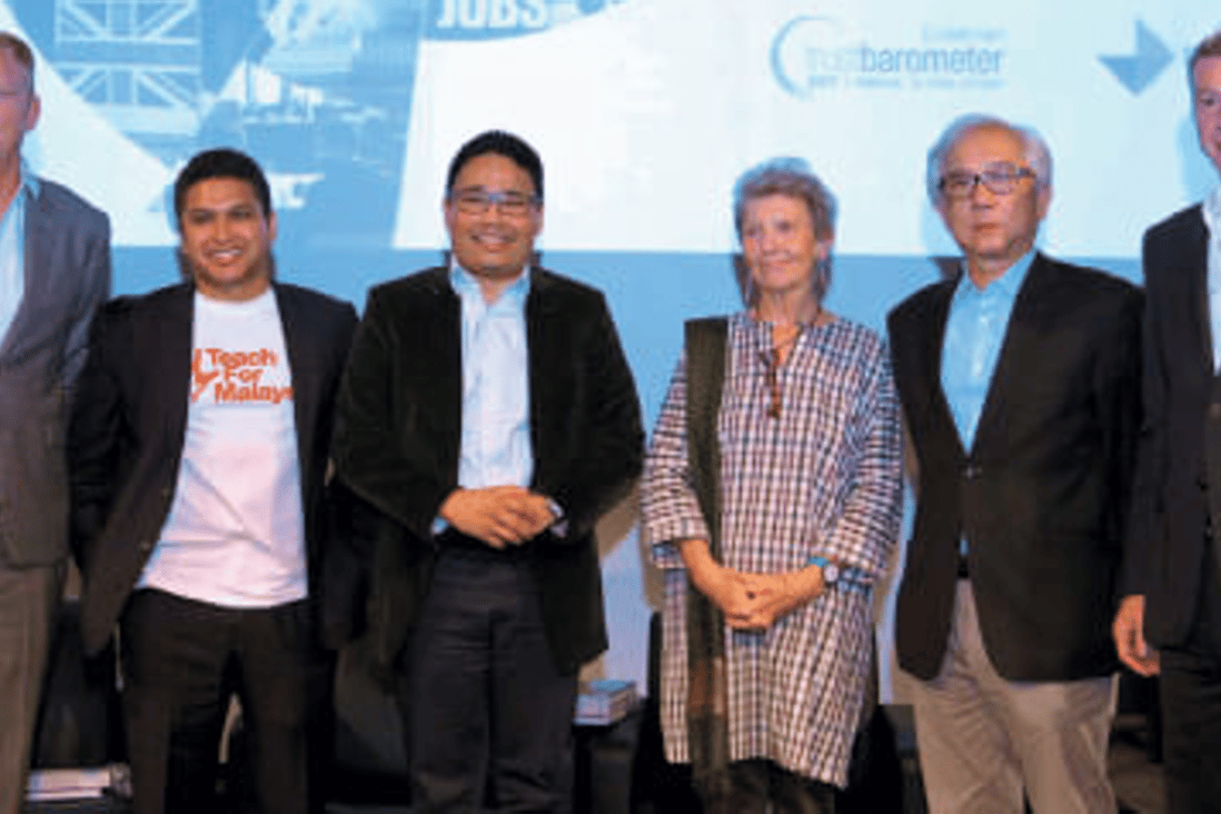 (From left) Edelman Southeast Asia and Australasia chief executive officer Iain Twine, co-founder and managing director of Teach for Malaysia Dzameer Dzulkifli, Khairul, Munro-Kua, Ho and Kay at the Malaysian launch of the 2017 Edelman Trust Barometer. Photo: Kenny Yap/The Edge