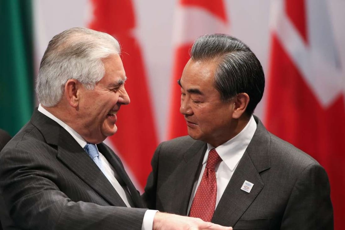 US Secretary of State Rex Tillerson with Foreign Minister Wang Yi at the G20 foreign ministers meeting in Bonn. Photo: AFP