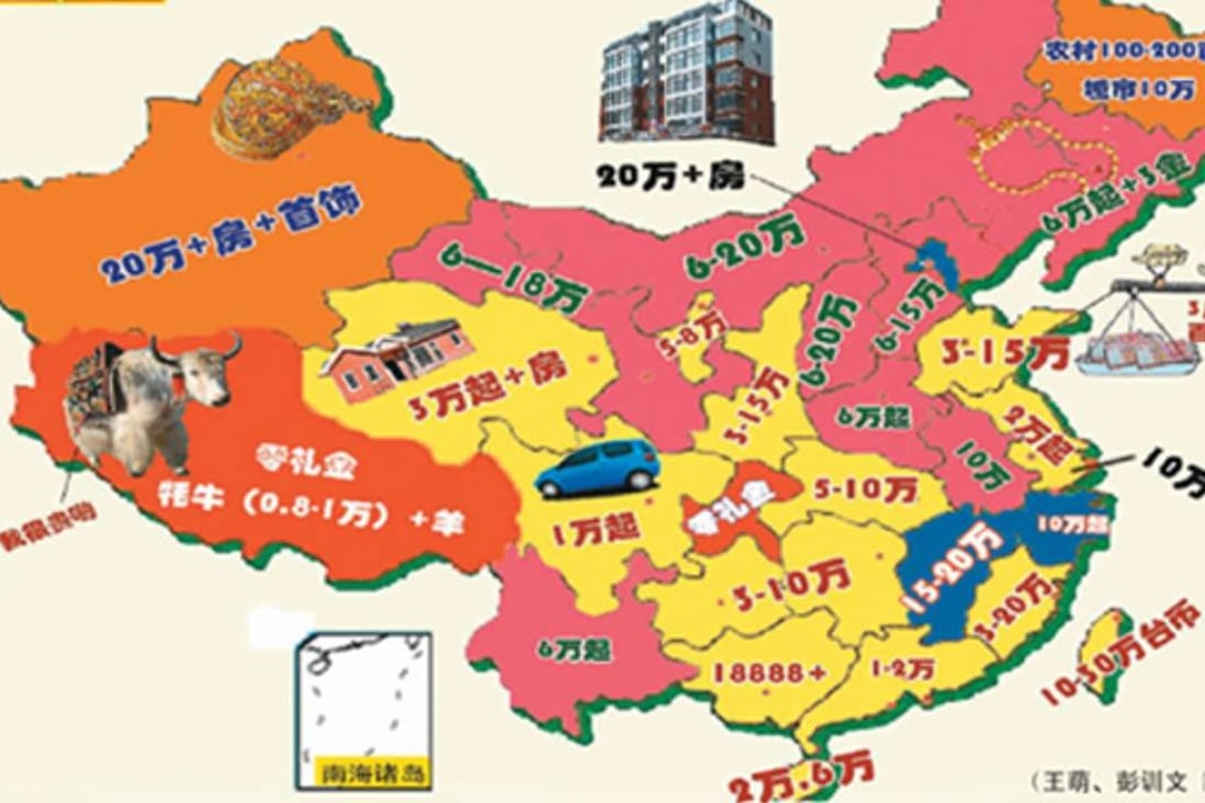 A graphic showing how much cash is spent by grooms in cities and provinces around China to secure their future parents- in-laws’ blessing to get married. Photo: People’s Daily