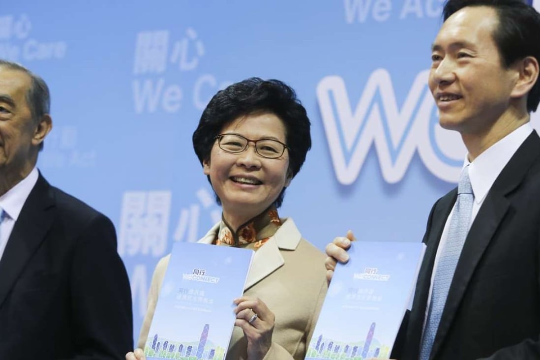 Chief executive hopeful Carrie Lam Yuet-ngor (centre) at her full election manifesto announcement at Macpherson Stadium. Photo: Sam Tsang