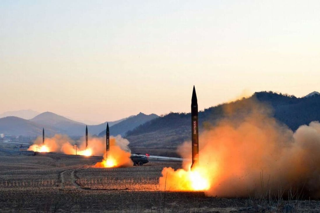 An undated picture released by North Korea's Korean Central News Agency on Tuesday shows the launch of four ballistic missiles during a military drill at an undisclosed location in North Korea. Photo: AFP