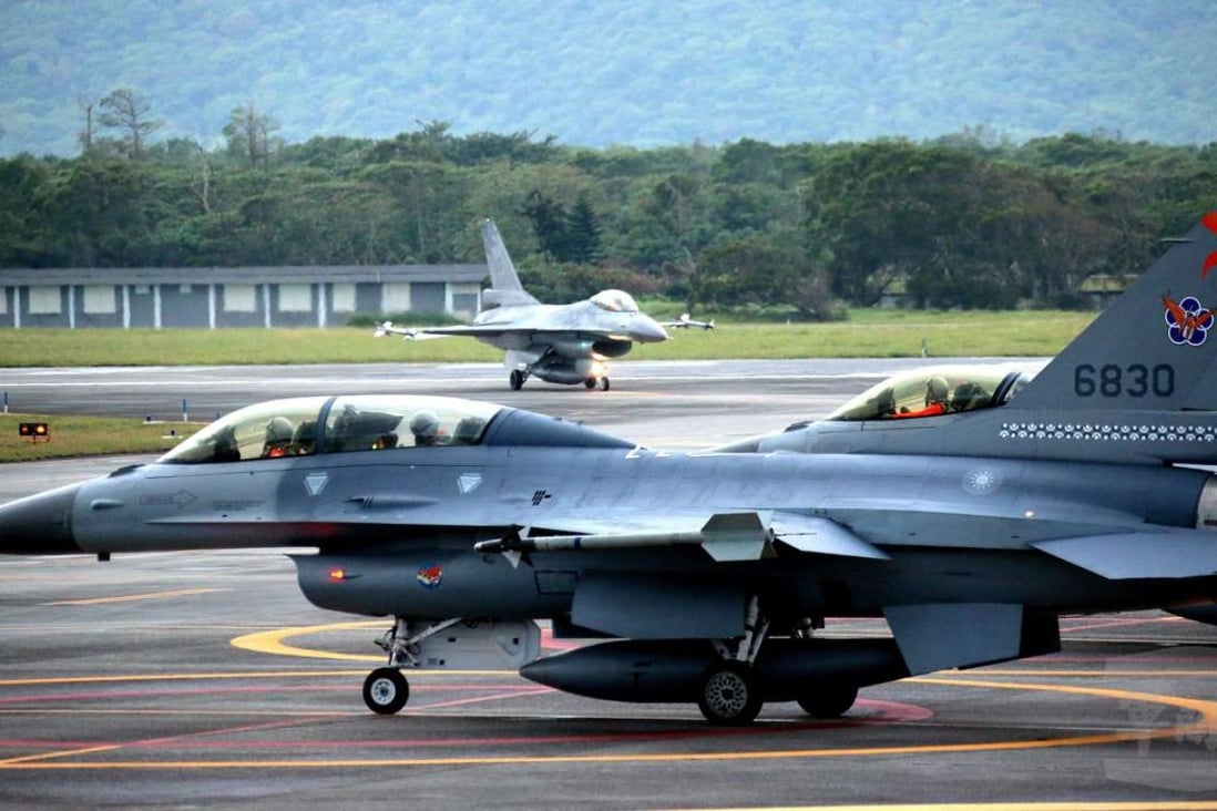 Two Taiwan Air Force F-16A/B fighter planes at the Hualien Airbase at the ready in Hualien, eastern Taiwan. The US is expected to approve a new batch of sophisticated arms sales to Taiwan. Photo: EPA
