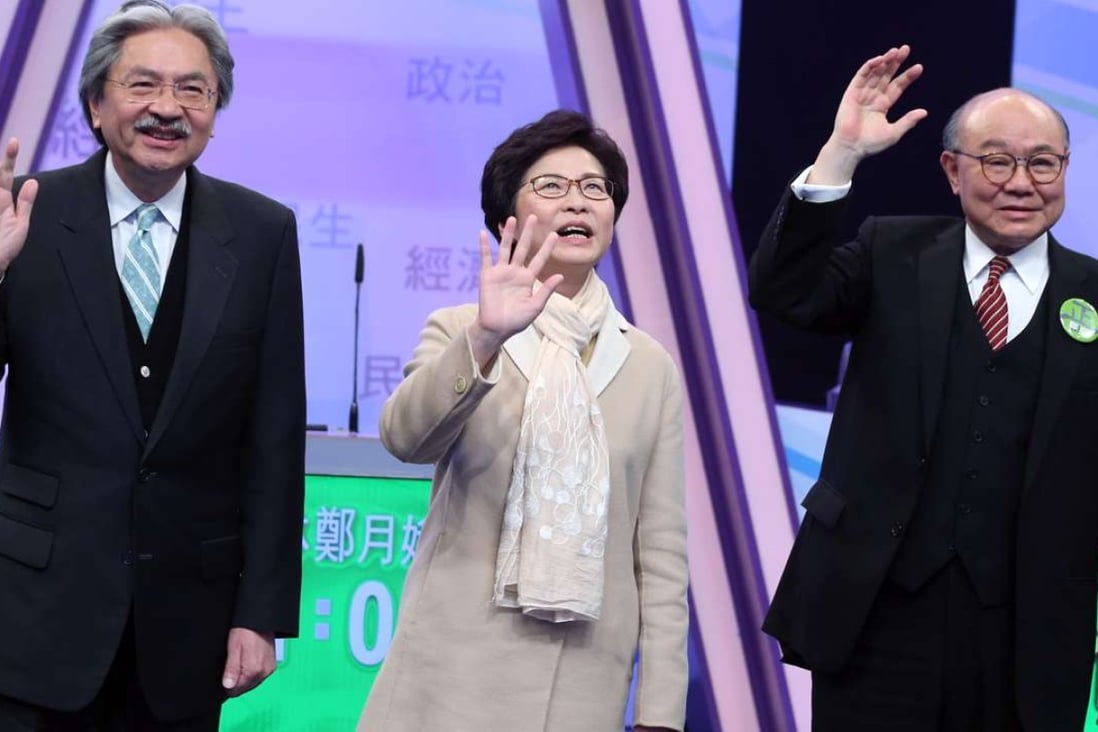 Chief executive candidates (from left) John Tsang, Carrie Lam and Woo Kwok-hing at the debate on Tuesday. Photo: K. Y. Cheng