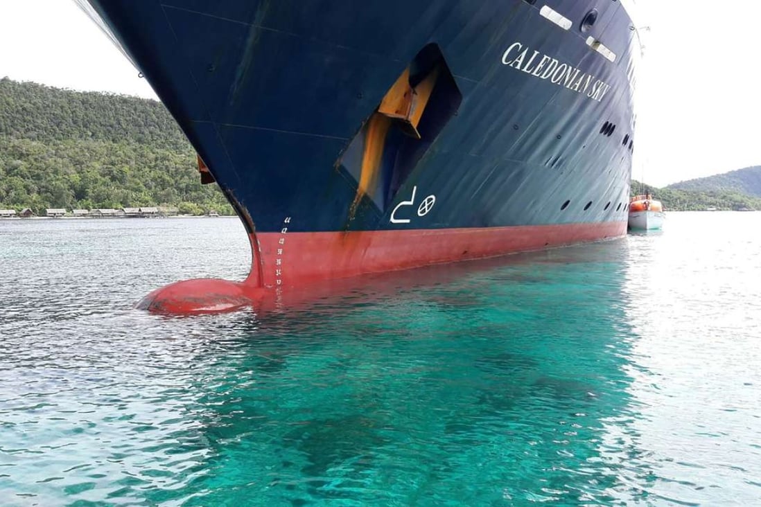 The Caledonian Sky, a cruise ship which smashed into pristine coral reefs causing extensive damage in Raja Ampat. Photo: AFP