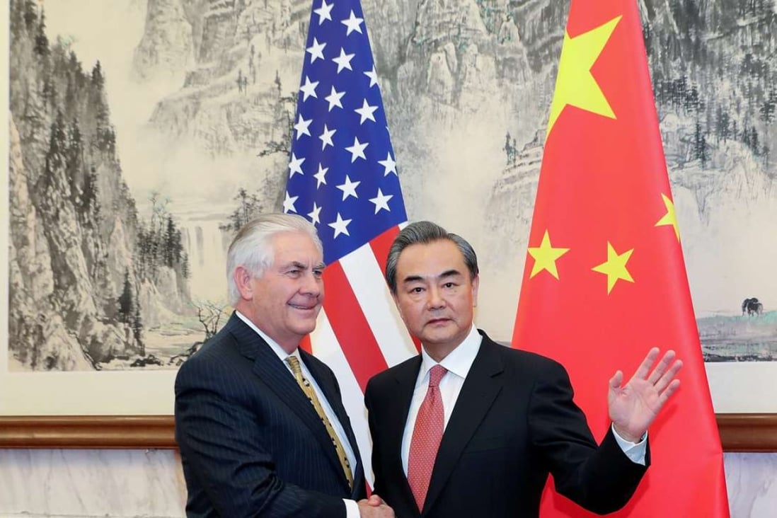 US Secretary of State Rex Tillerson pictured with China’s Foreign Minister Wang Yi (right) at the Diaoyutai State Guest House in Beijing on Saturday. Photo: Reuters