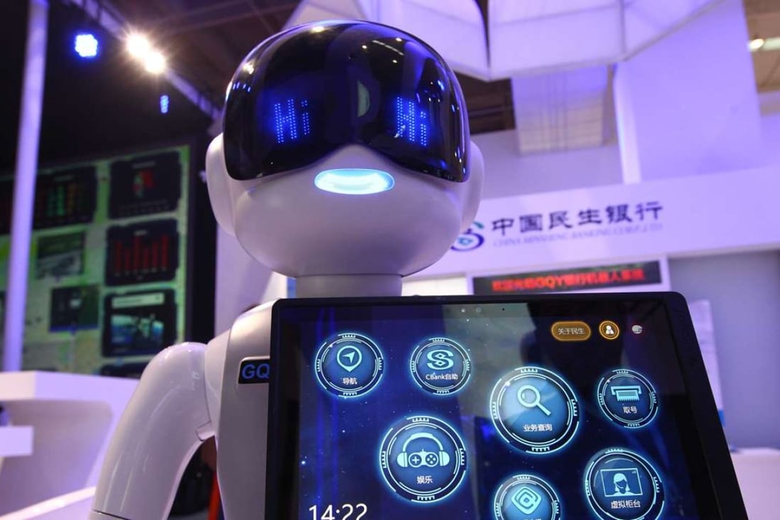 China’s leading technology companies are investing heavily into research and development for artificial intelligence. A bank robot at the 2016 World Robot Conference in Beijing. Photo: Simon Song