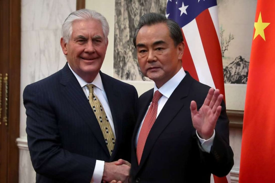 US Secretary of State Rex Tillerson shakes hands with Chinese Foreign Minister Wang Yi before a bilateral meeting at the Diaoyutai State Guesthouse in Beijing on March 18. Photo: Reuters