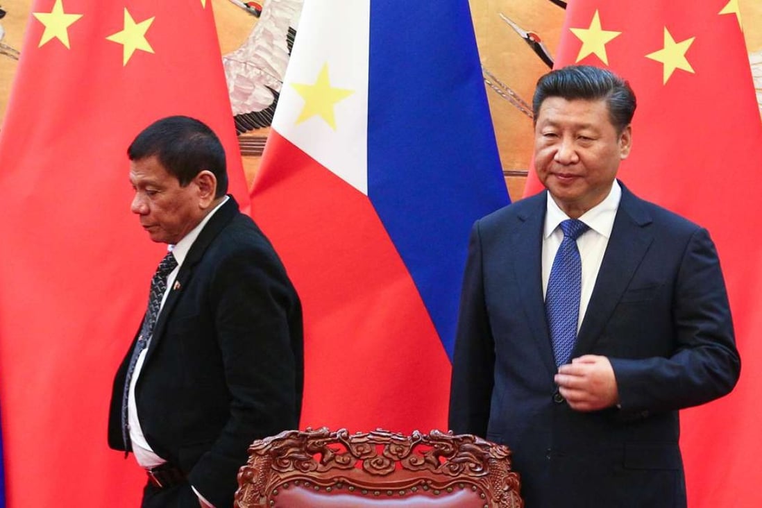 Chinese president Xi Jinping, right, and Philippine President Rodrigo Duterte attend a signing ceremony of agreements between the two countries at the Great Hall of the People in Beijing on October 20. Photo: Simon Song