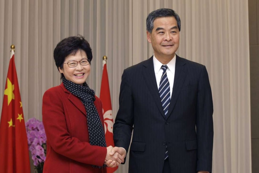 Chief executive-elect Carrie Lam meets incumbent Leung Chun-ying at the Chief Executive’s Office in Tamar on March 27. Photo: Handout