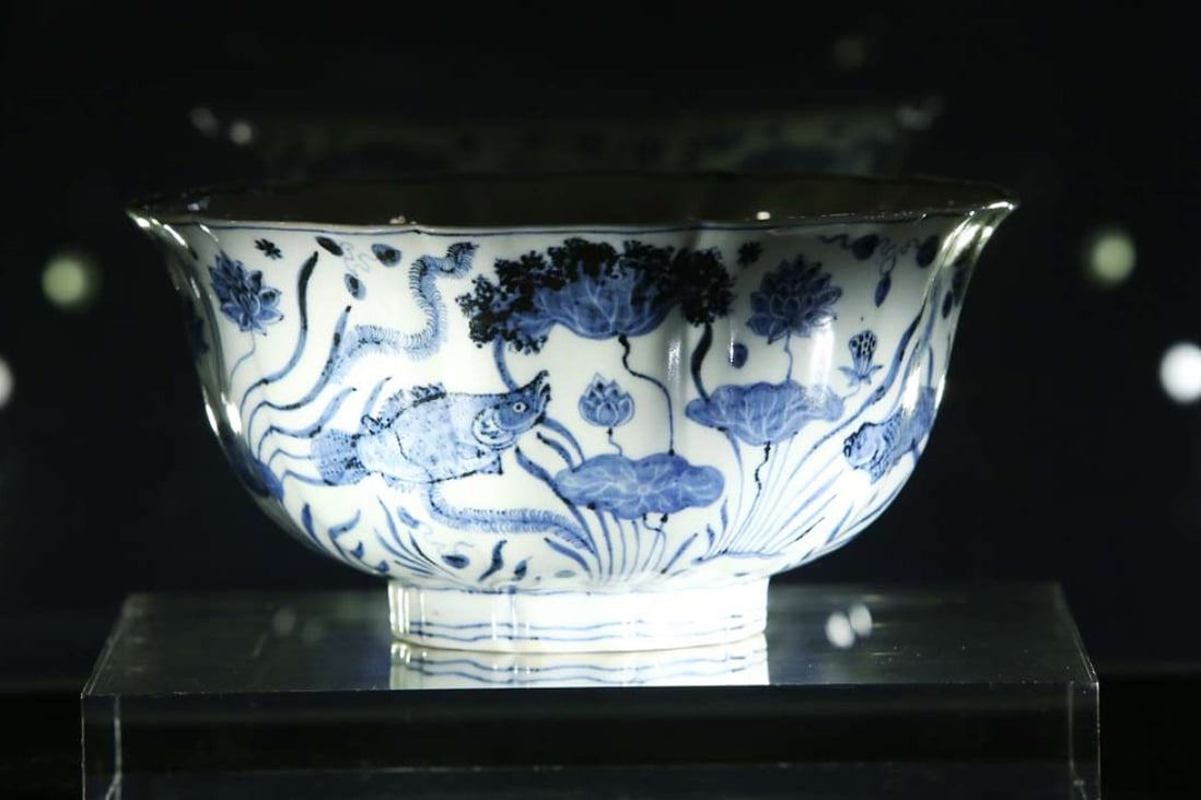 The Xuande “fish pond” bowl sold to an unidentified Asian buyer for HK$229 million, the second highest price ever paid for Ming dyansty porcelain, at a Sotheby’s auction in Hong Kong on Wednesday. Photo: Sam Tsang