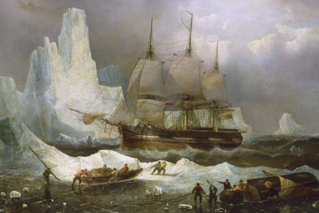 A painting depicting The Erebus and HMS Terror stuck in the Arctic ice.