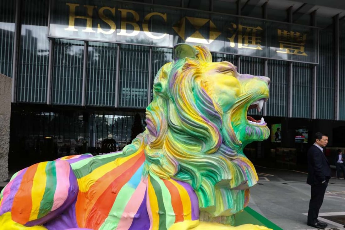 A rainbow lion created by LGBT artist Michael Lam and displayed outside HSBC headquarters in Central last year. Photo: Felix Wong