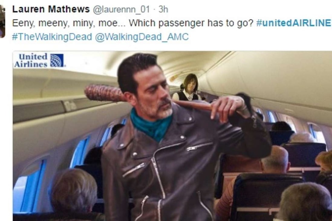 Twitter user Lauren Mathews superimposed an image of Negan, a brutal character from TV series The Walking Dead, brandishing a barbed-wire-wrapped baseball bat in an airline cabin in a “call for volunteers” – one of many memes and GIFs posted to mock United Airlines’ handling of Sunday’s incident at Chicago airport. Photo: courtesy of Twitter