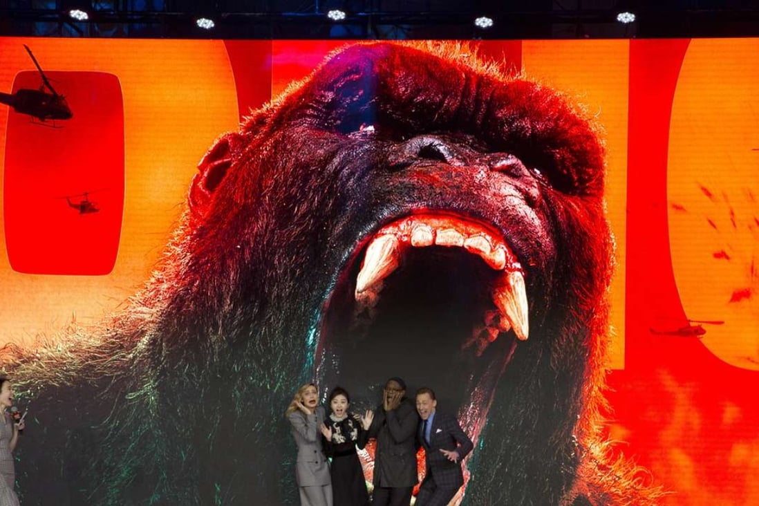The cast of the Hollywood movie Kong: Skull Island publicising the film at a press event in Beijing last month. Photo: AP