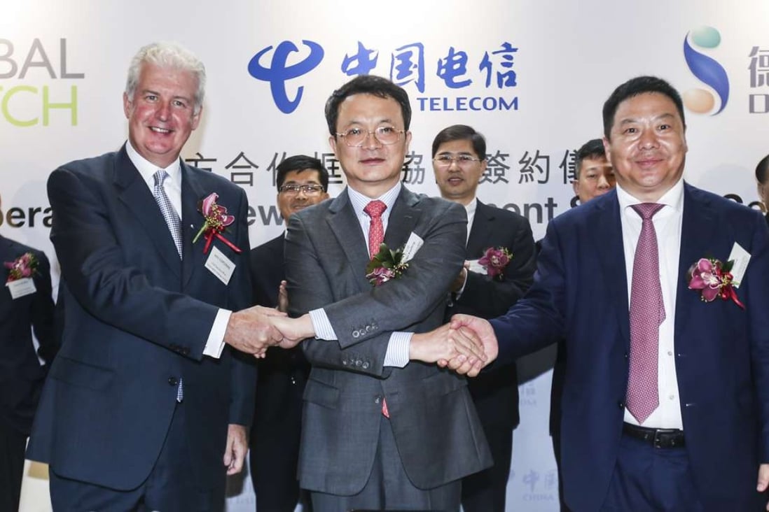 The heads of China Telecom Global, Global Switch and Daily Tech signed an agreement to co-operate on expanding into new markets. Photo: David Wong