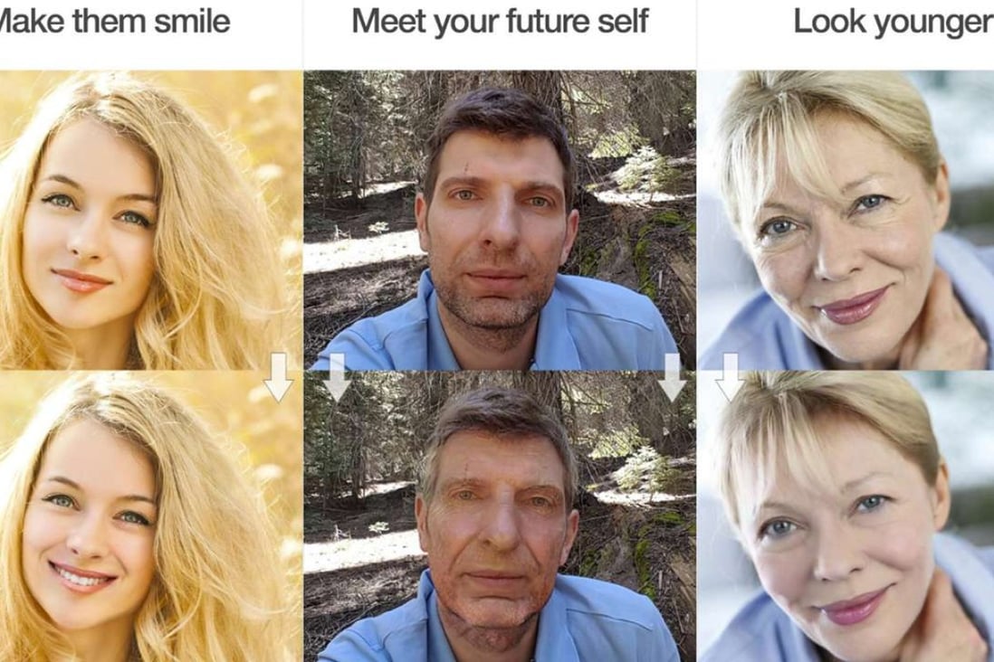 Three of FaceApp’s more interesting options allow users to add or remove years and add a smirk to unsmiling photos. Photo: FaceApp