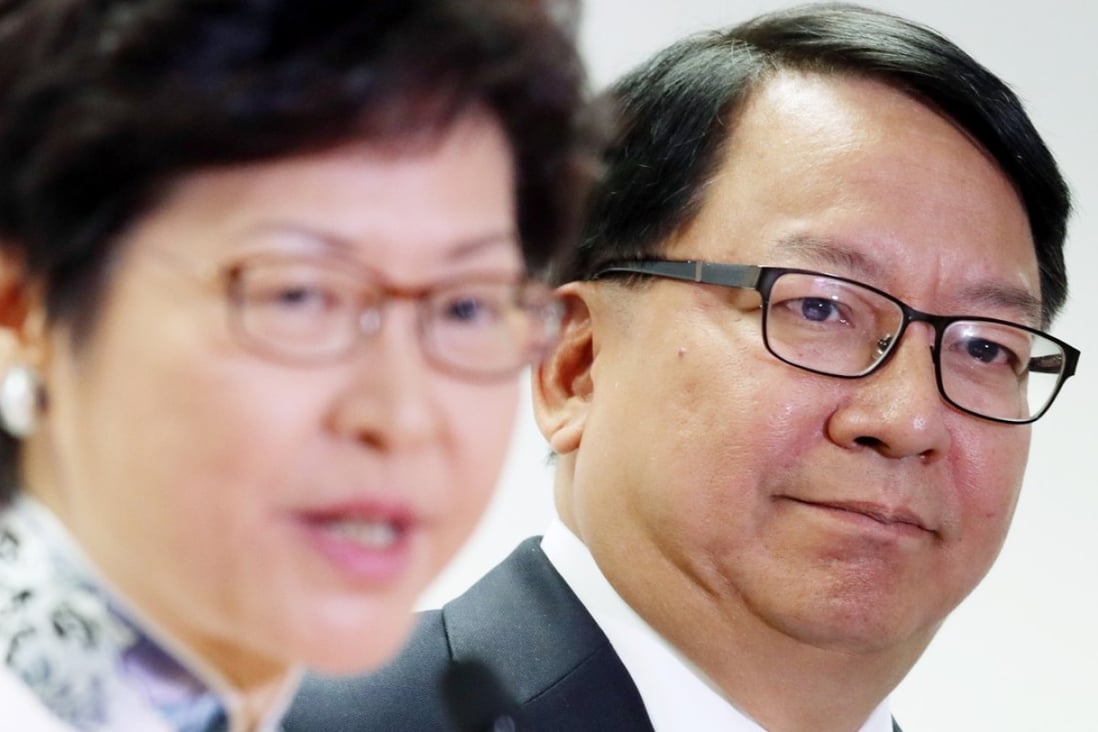 Chief Executive-elect Carrie Lam Cheng Yuet-ngor (left) with Hong Kong’s former immigration director Eric Chan Kwok-ki, who will head up her interim office. Photo: Nora Tam