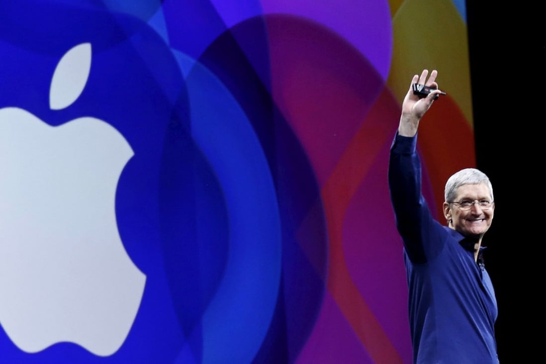 Apple CEO Tim Cook waves as he arrives on stage to deliver his speech as shares of the tech company could hit US$1 trillion in value before the end of the year. Photo: Reuters