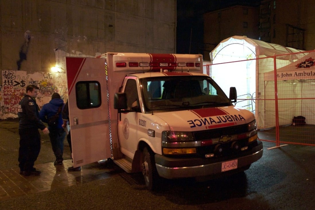 An ambulance delivers a patient to a mobile emergency facility in Vancouver's Downtown Eastside, set up to help tackle the city’s fentanyl crisis. Photo: AFP