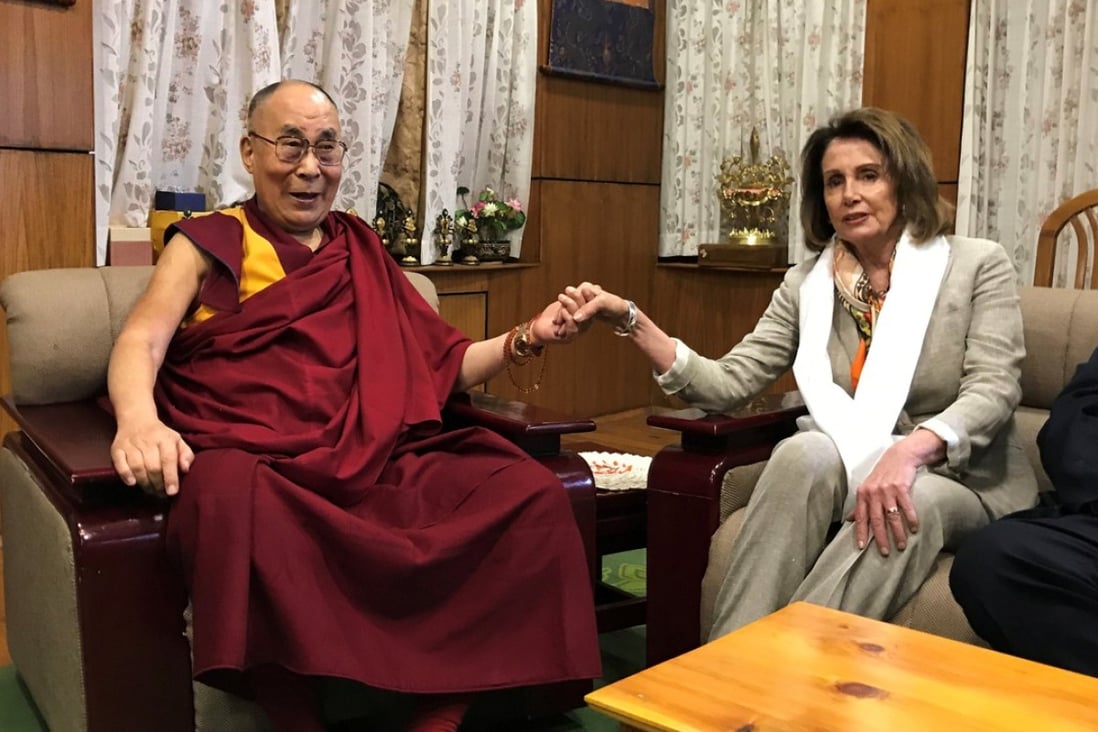 US House Minority Leader Nancy Pelosi meets Tibetan spiritual leader the Dalai Lama at his headquarters in Dharamsala, India. Photo: Reuters