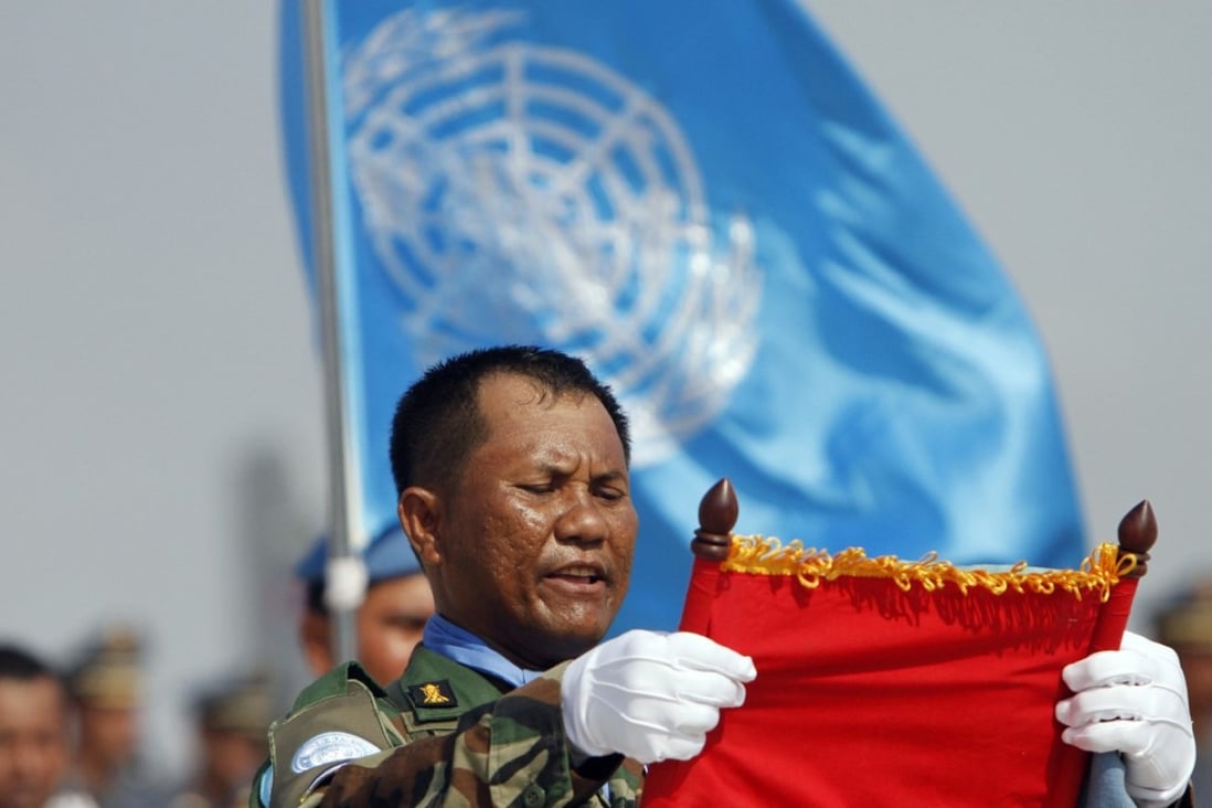 A Cambodian soldier who leads a troop takes the oath of the United Nations mission in Mali and South Sudan. File photo: AP
