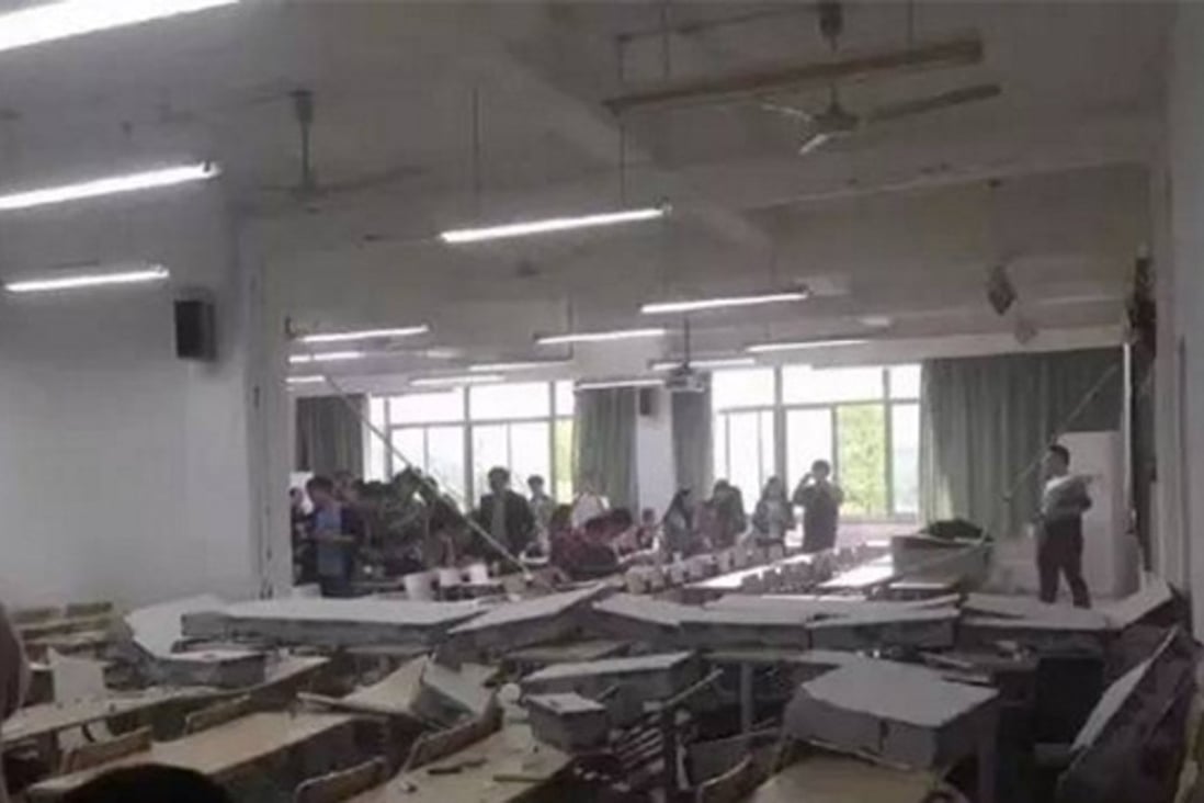 The view across adjacent classrooms after the wall between them collapsed during class. The students were scared but no one was injured. Photo: Handout
