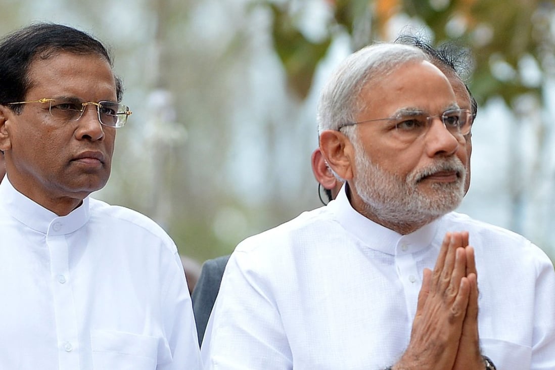 Indian Prime Minister Narendra Modi and Sri Lankan President Maithripala Sirisenadutrin during Modi’s 2015 visit. Photo: AFP