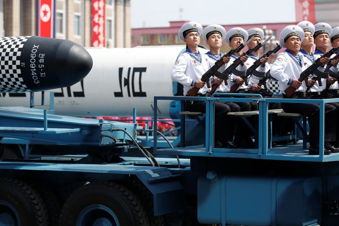 Military vehicles carry missiles with characters reading 'Pukkuksong' during a military parade marking the 105th birth anniversary of country's founding father, Kim Il Sung in Pyongyang last month. Photo: Reuters