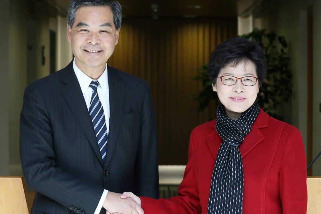 Chief Executive Leung Chun-ying and chief executive-elect Carrie Lam meet the press at the Chief Executive’s Office in Tamar in March. Photo: Felix Wong