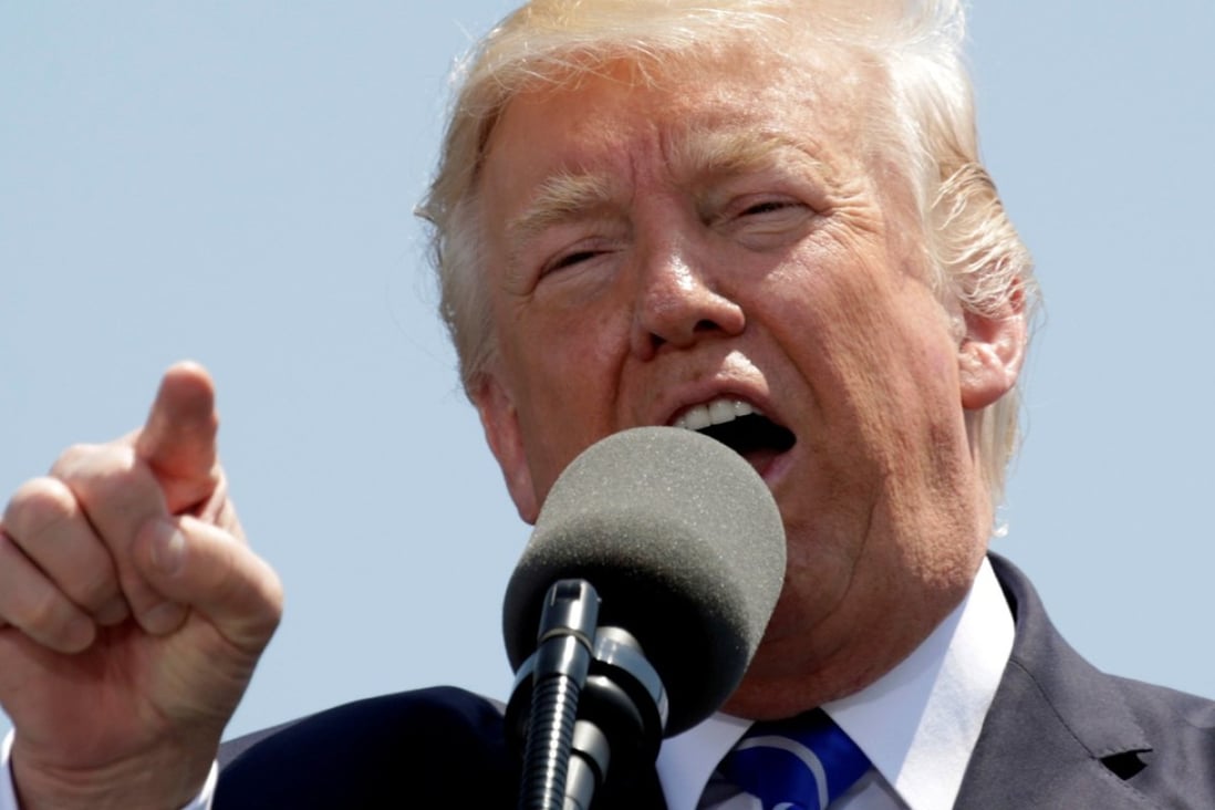 US President Donald Trump speaks during the United States Coast Guard Academy commencement ceremony in New London, Connecticut on Wednesday. Photo: Reuters